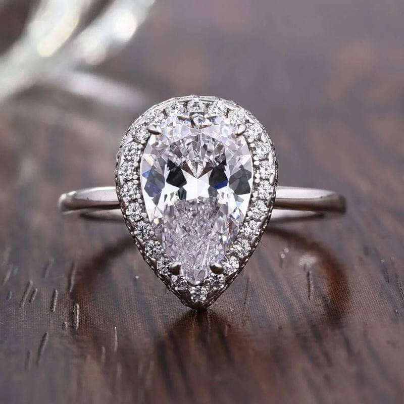 luxury engagement rings for brides-Halo Pear Cut Simulated Diamond Engagement Ring