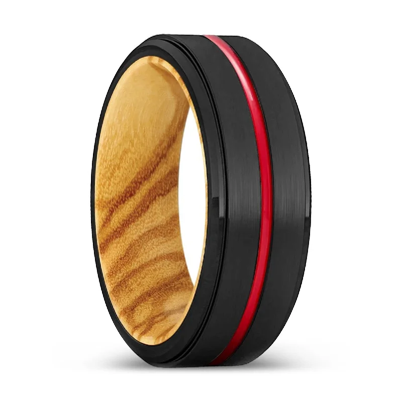 classic wedding bands for women-KINGHT | Olive Wood, Black Tungsten Ring, Red Groove, Stepped Edge