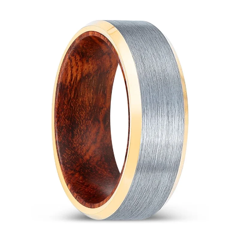 anniversary rings for women-ELMTOOTH | Snake Wood, Brushed, Silver Tungsten Ring, Gold Beveled Edges