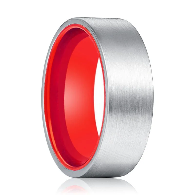 affordable rings for women-MACAU | Red Ring, Silver Tungsten Ring, Brushed, Flat