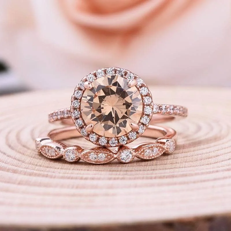 white diamond engagement rings-Rose Gold Round Cut Champagne Sapphire Art Deco Wedding Ring Set