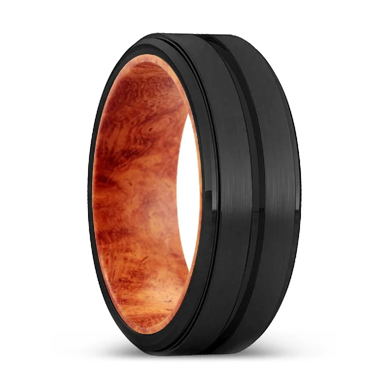 birthstone engagement rings for women-SPICE | Red Burl Wood, Black Tungsten Ring, Grooved, Stepped Edge