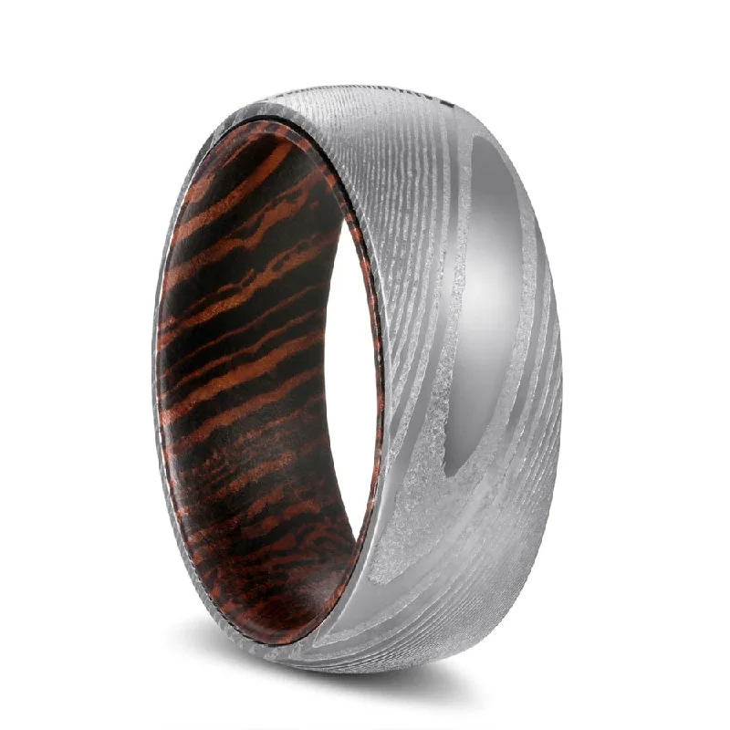 chic rings for women-PROTECTOR | Wenge Wood, Silver Damascus Steel, Domed