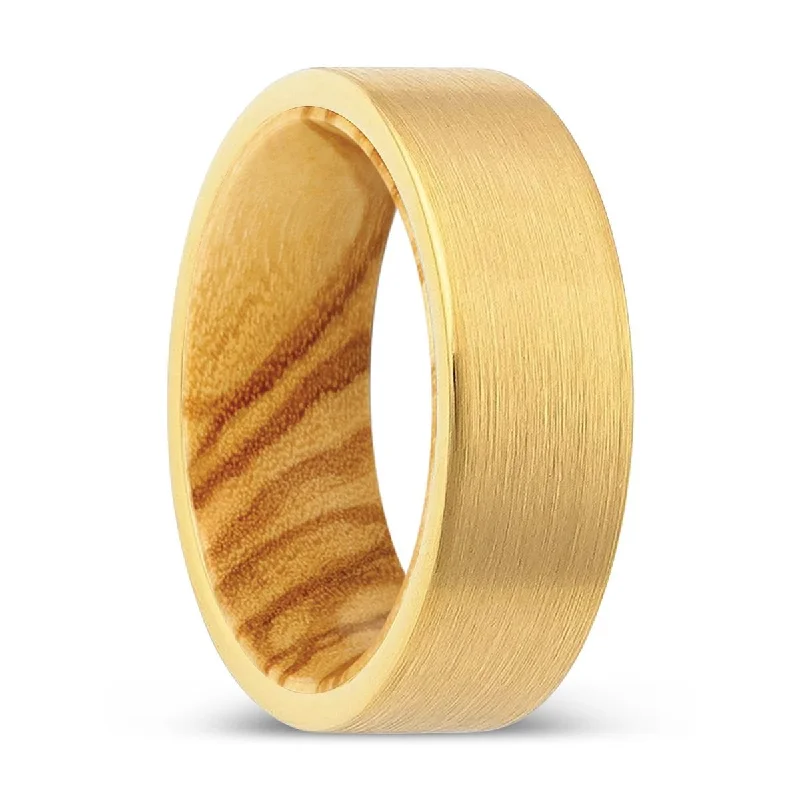 chic rings for women-ORCHARD | Olive Wood, Gold Tungsten Ring, Brushed, Flat