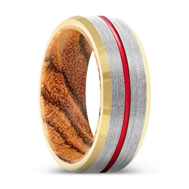 diamond-encrusted rings for women-MAYHEM | Bocote Wood, Silver Tungsten Ring, Red Groove, Gold Beveled Edge