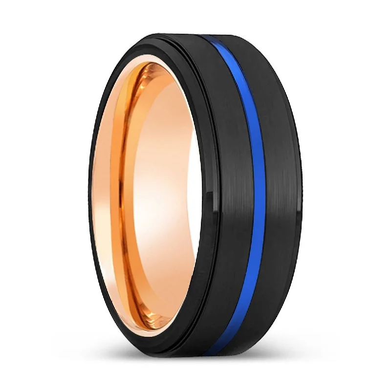 unique diamond rings for women-HIGA | Rose Gold Ring, Black Tungsten Ring, Blue Groove, Stepped Edge