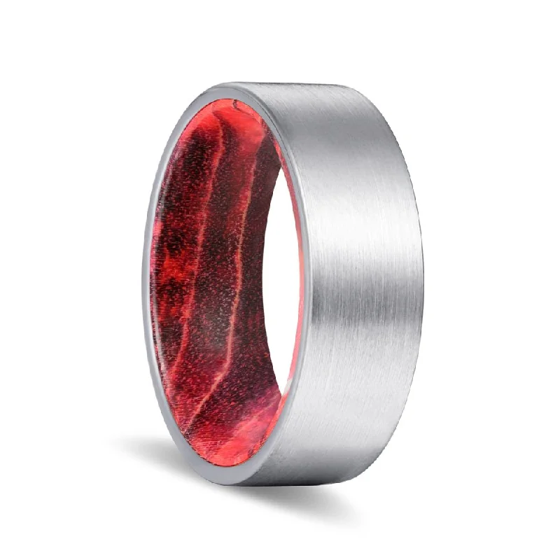 wedding rings with diamonds-ELEMENT | Black & Red Wood, Silver Tungsten Ring, Brushed, Flat