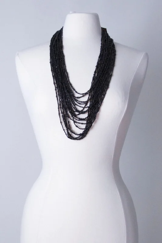 art deco necklaces for women-Chunky Black Seed Beads Cascading Necklace - 20 Strands