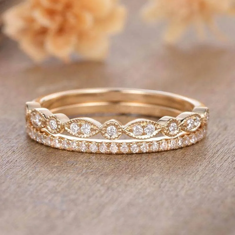 engagement rings with diamonds-Yellow Gold Art Deco Eternity Stackable Wedding Band Set