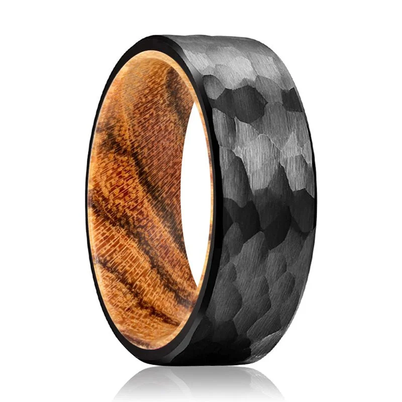 luxury engagement rings for women-CLOVE | Bocote Wood, Black Tungsten Ring, Hammered, Flat