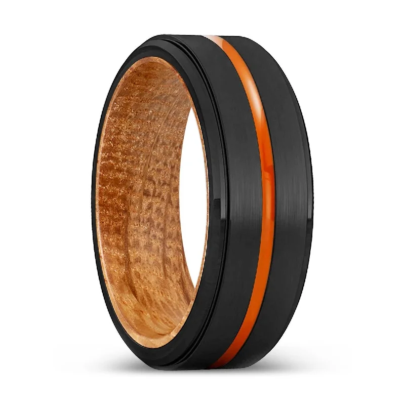 adjustable diamond rings for women-BRAMPTON | Whiskey Barrel Wood, Black Tungsten Ring, Orange Groove, Stepped Edge