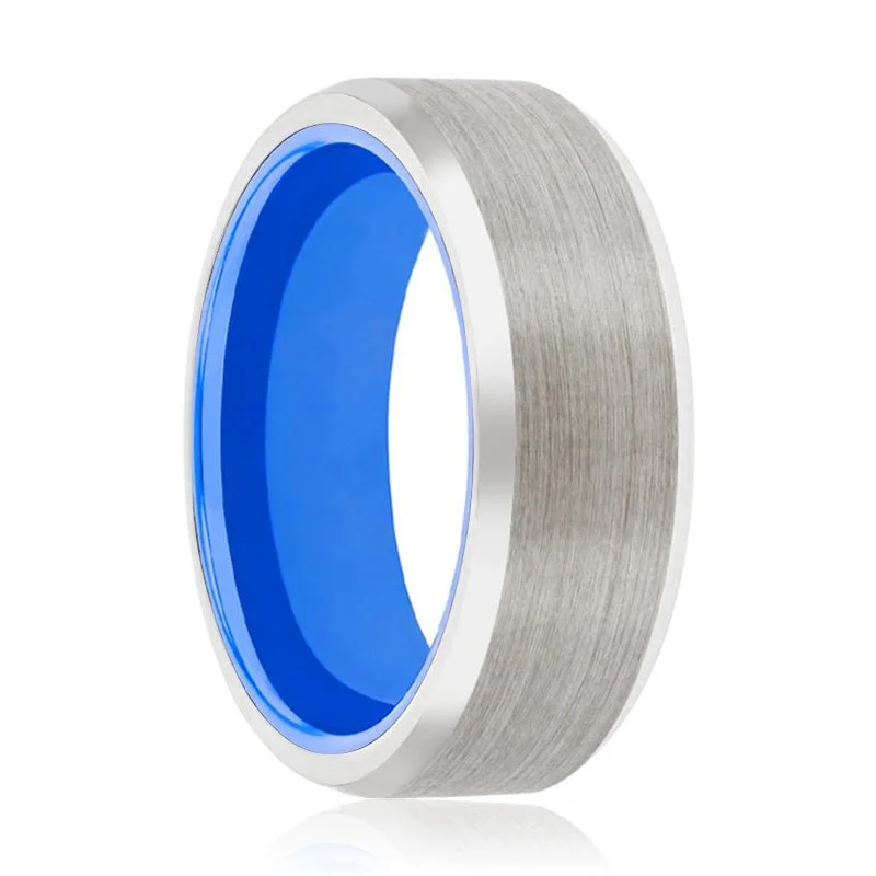 anniversary rings for women-BLUEDINI | Blue Ring, Silver Tungsten Ring, Brushed, Beveled