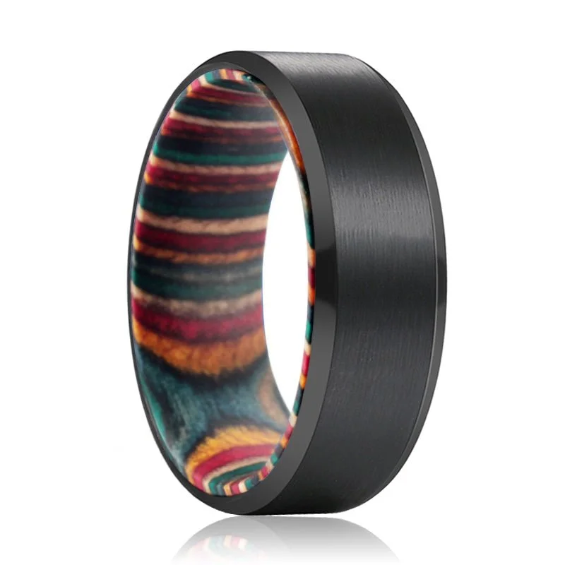 promise rings for women-SPECK | Multi Color Wood, Black Tungsten Ring, Brushed, Beveled