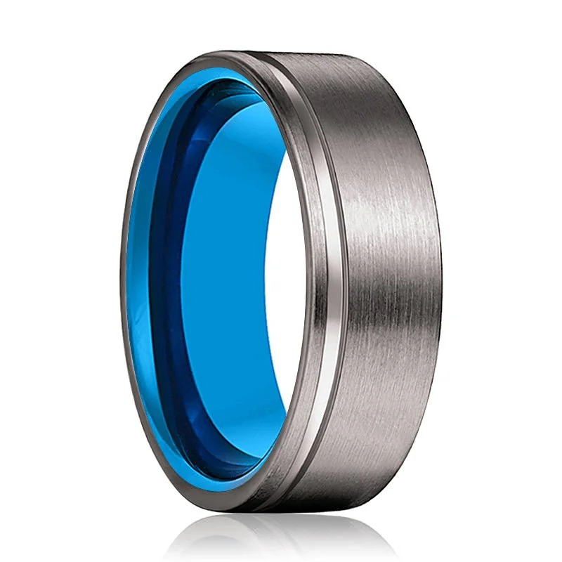 blue sapphire rings for women-AZRAQ | Blue Tungsten Ring, Gunmetal Tungsten Offset Groove