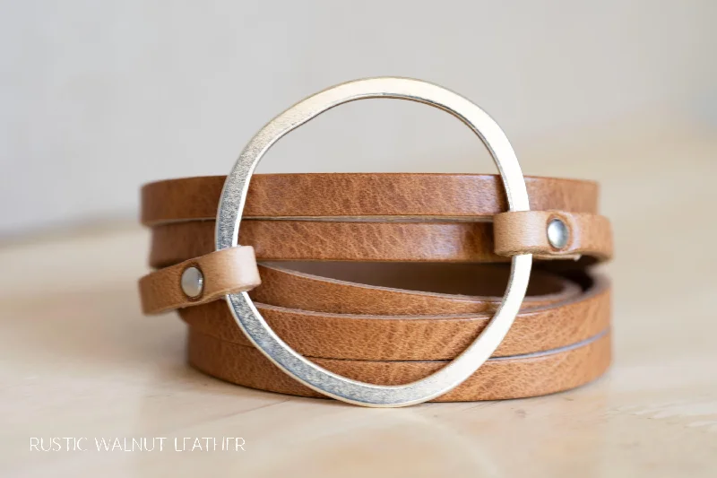 colorful bangles for women-Leather Bracelet Hoop Wrap | Multi-strand Boho Cuff | Rustic Walnut + Silver | Handmade Jewelry Personalized Gift Engrave Words Affirmations