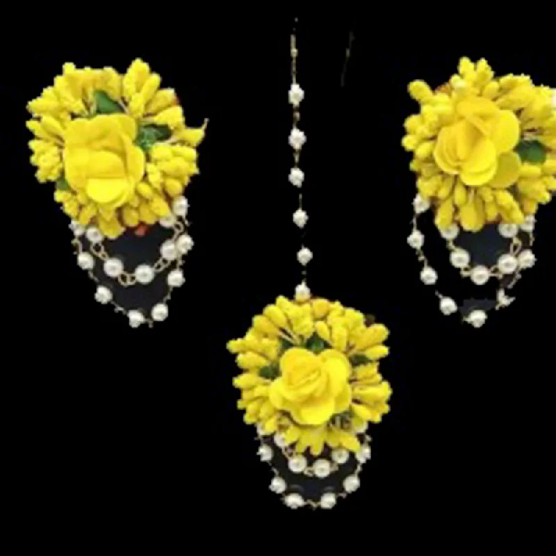 sophisticated gold earrings for women-Kavyas Kreation Yellow Floral Design Earrings With Maang tikka