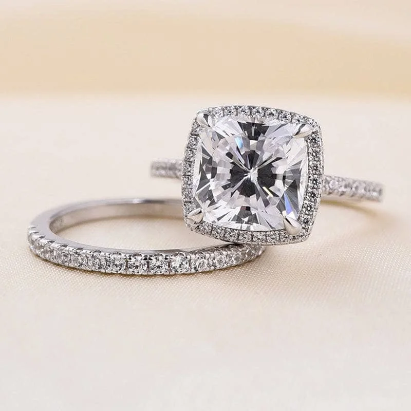 matching wedding and engagement rings-Halo Cushion Cut Simulated Diamond Wedding Ring Set