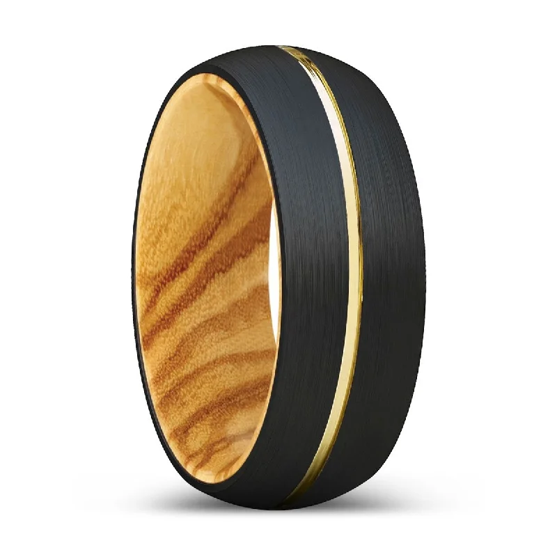 classic solitaire rings for women-AGONIA | Olive Wood, Black Tungsten Ring, Gold Groove, Domed