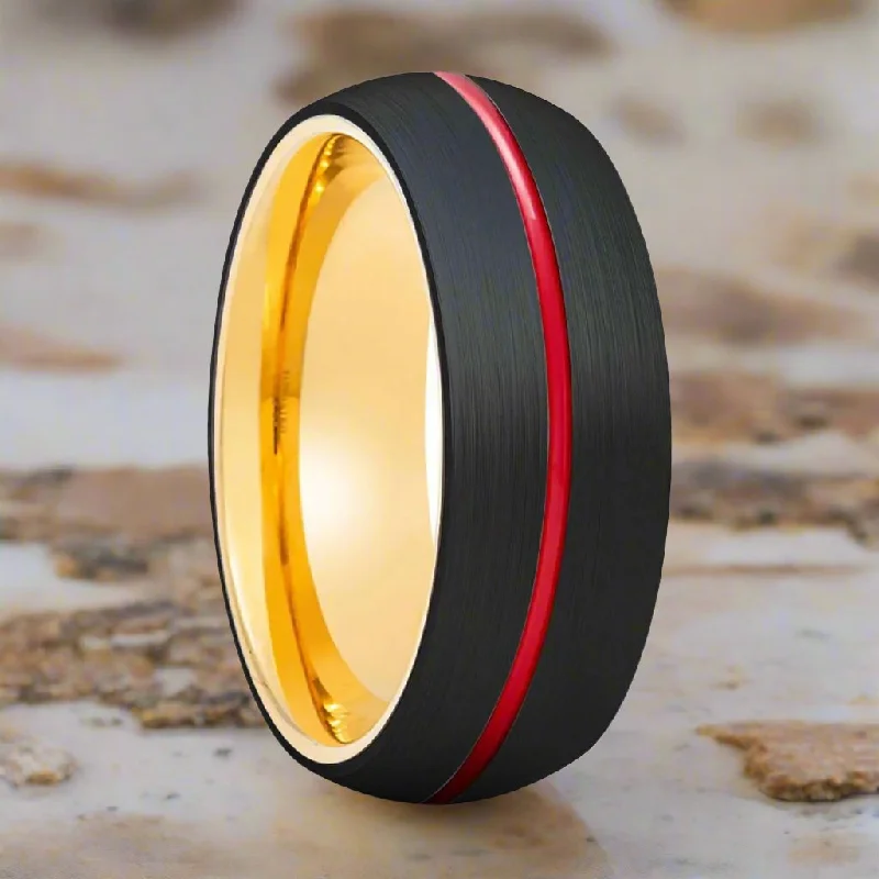 unique engagement rings for women-ACROBA | Gold Ring, Black Tungsten Ring, Red Groove, Domed