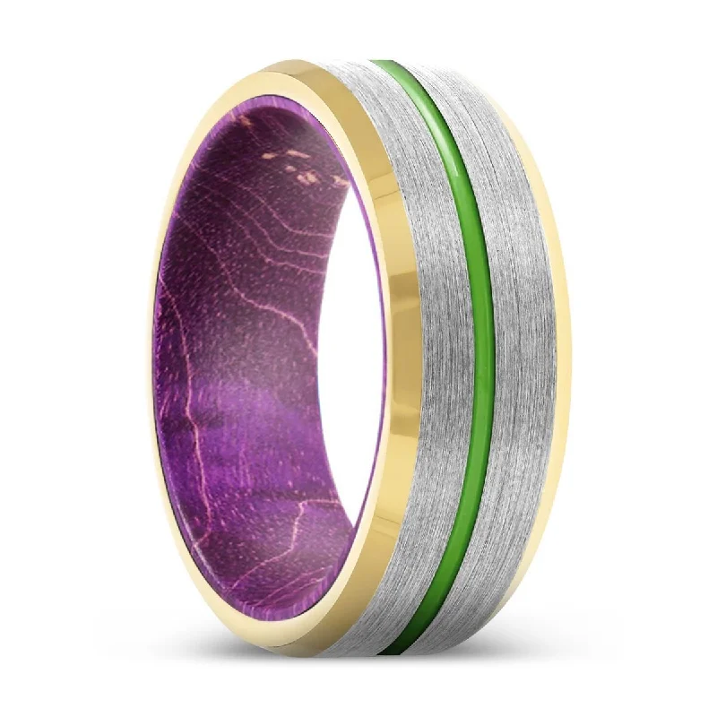 chic wedding bands for women-TINGE | Purple Wood, Silver Tungsten Ring, Green Groove, Gold Beveled Edge