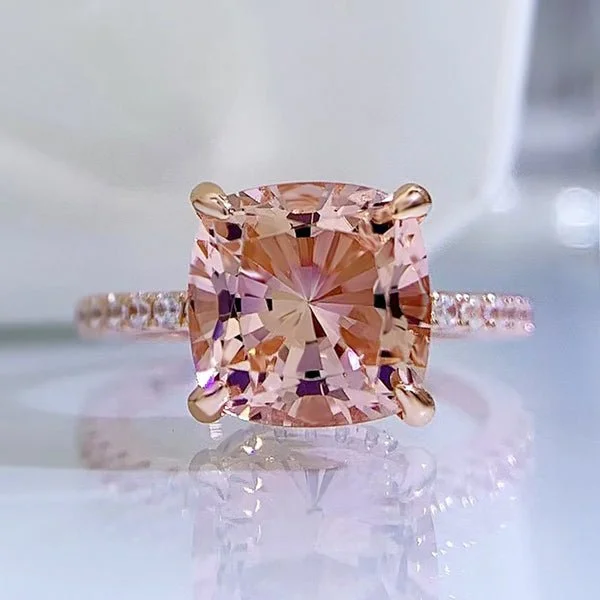 sapphire engagement rings with diamonds-Rose Gold Cushion Cut Morganite Peachy Pink Stone Engagement Ring