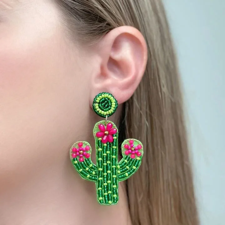 multi-layer earrings for women-Pink Flower Cactus Beaded Dangle Earrings