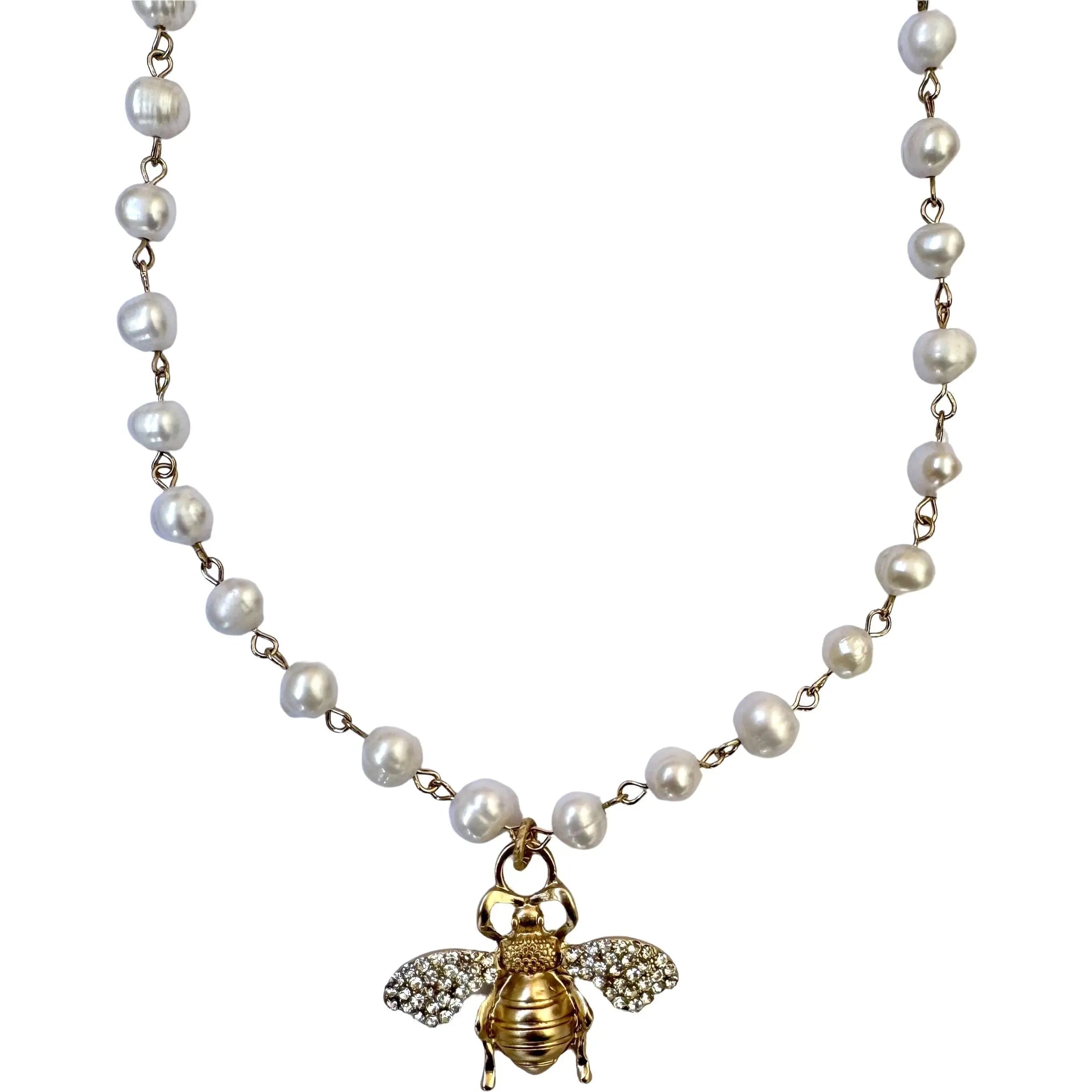 leather necklaces for women-Honey Bee Pearl Necklace - Gold