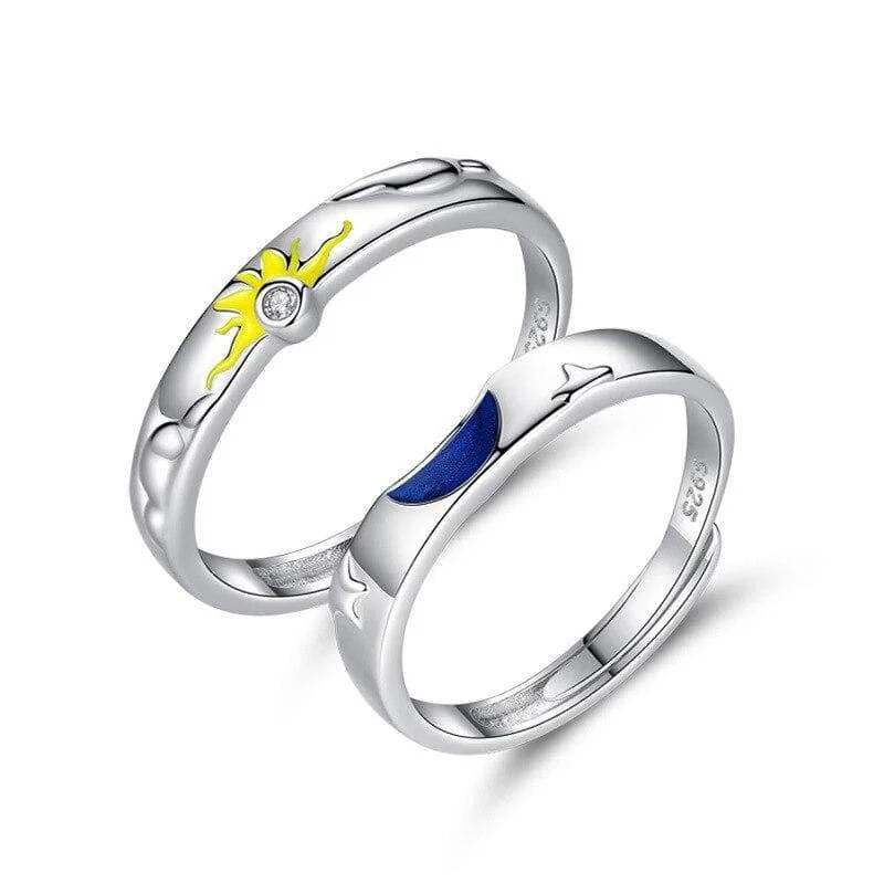 silver engagement rings for women-Sun, Moon and Stars Couple Ring Set