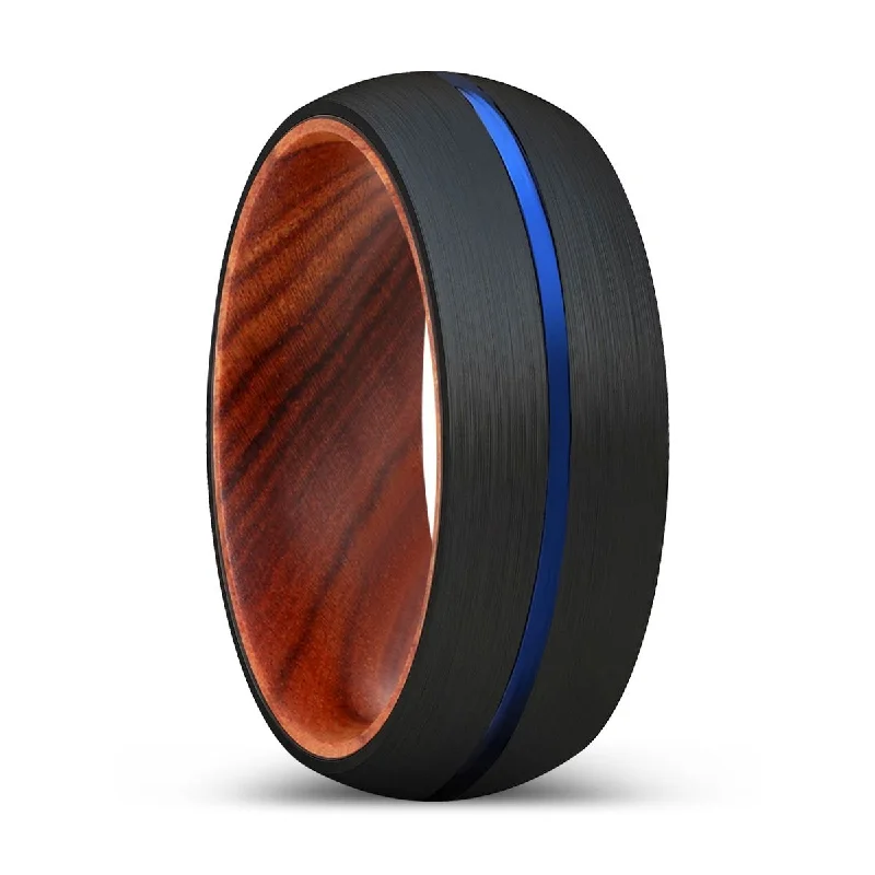 silver-plated rings for women-HARVEY | IRON Wood, Black Tungsten Ring, Blue Groove, Domed