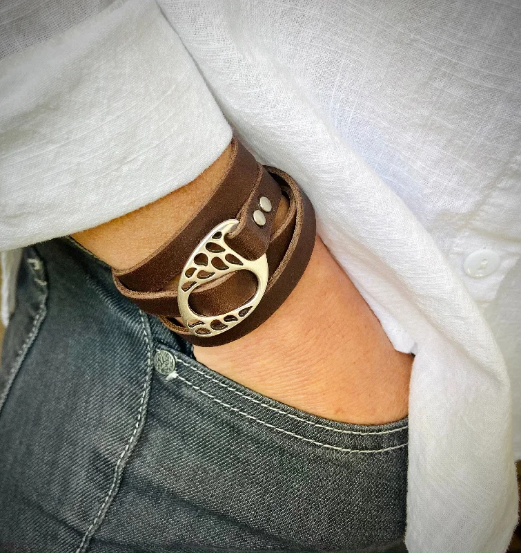 fashion bangles for women-Leather Triple Wrap Bracelet | Cuff Stacking Boho Style | Handmade Jewelry | Silver + Dark Brown | Engraved Personalized Gift