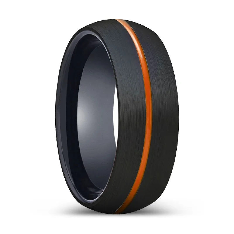 gemstone solitaire rings for women-SPARTANITE | Black Ring, Black Tungsten Ring, Orange Groove, Domed