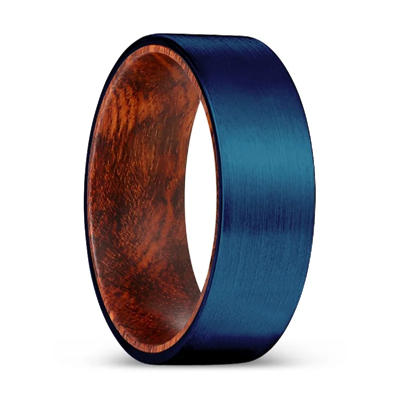 vintage gemstone rings for women-CARNAGE | Snake Wood, Blue Tungsten Ring, Brushed, Flat