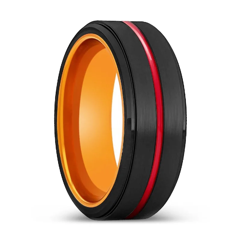 vintage wedding rings for women-BOLMER | Orange Ring, Black Tungsten Ring, Red Groove, Stepped Edge