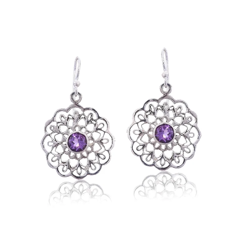 sapphire earrings for women-Silver Mountain 925 Silver Jali cut Amethyst Earring