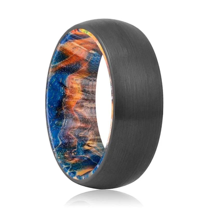 emerald rings for women-BEVERLY | Blue & Yellow/Orange Wood, Black Tungsten Ring, Brushed, Domed