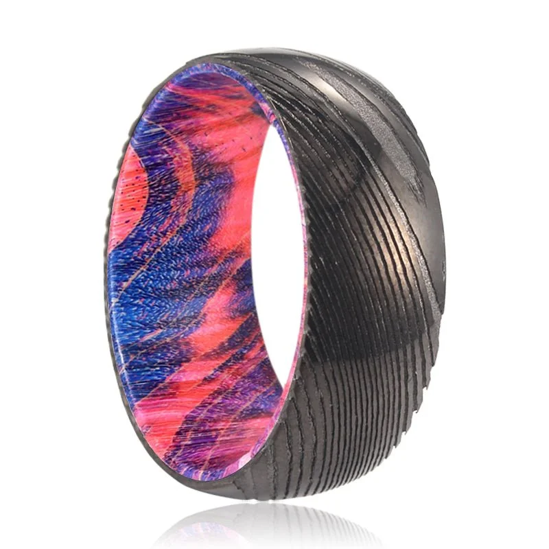 silver gemstone rings for women-BLUEJAY | Blue & Red Wood, Gunmetal Damascus Steel Ring, Domed