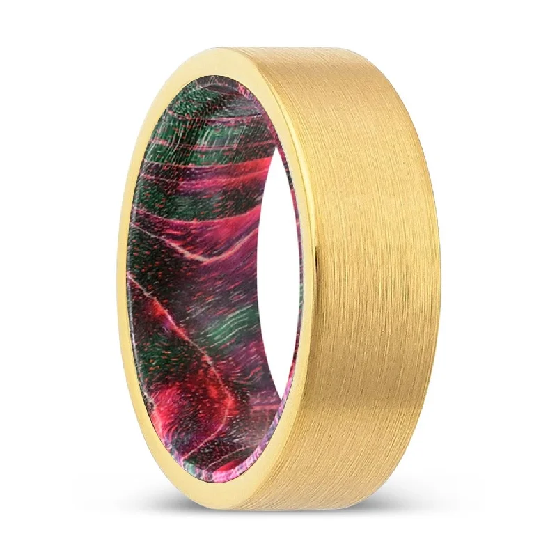 beautiful sapphire rings for women-VENZOR | Green & Red Wood, Gold Tungsten Ring, Brushed, Flat