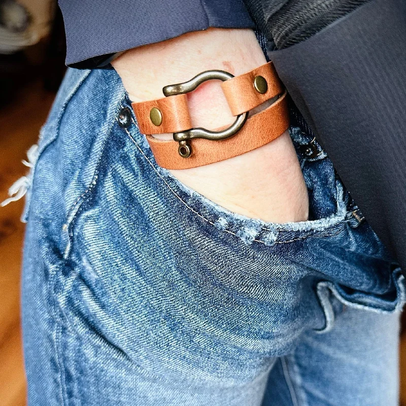 elegant bangles for women-Double Wrap Shackle Leather Bracelet | Handmade Jewelry | USA Made | Rustic Walnut + Antique Brass Screw Pin Anchor Shackle