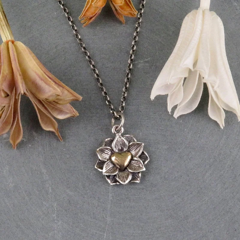 cute necklaces for women-Heart in Lotus Mixed Metal Necklace