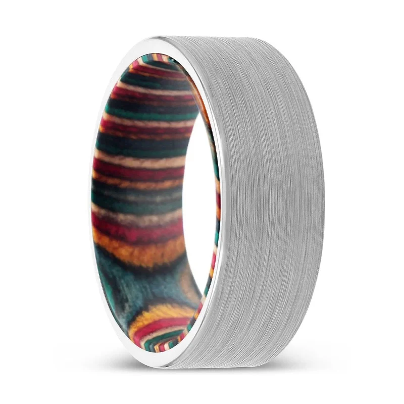 custom-designed rings for women-MAHONEY | Multi Color Wood, White Tungsten Ring, Brushed, Flat