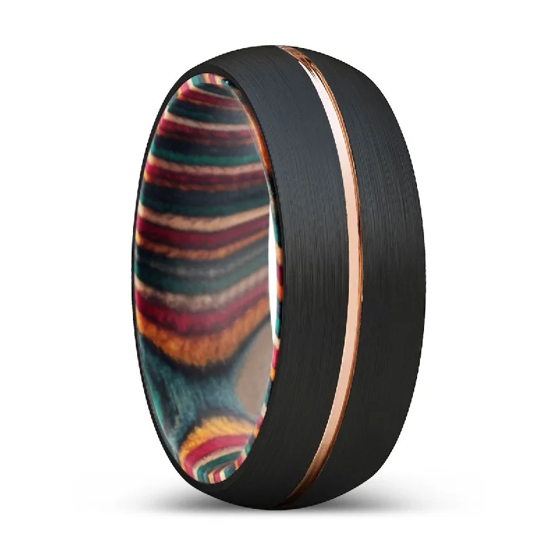 promise wedding rings for women-LUDOLF | Multi Color Wood, Black Tungsten Ring, Rose Gold Groove, Domed