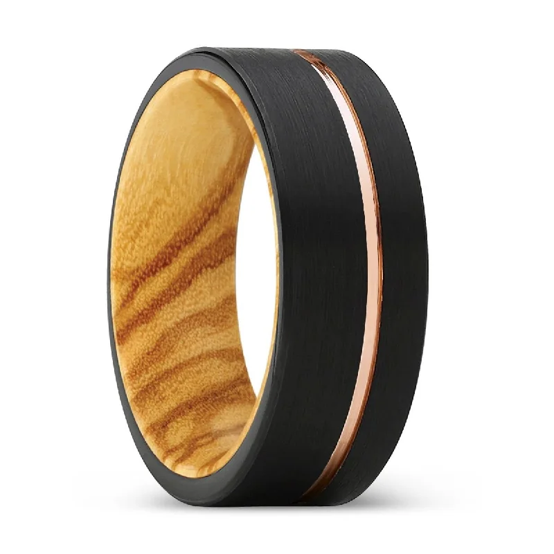 classic rings for women-UTOPIA | Olive Wood, Black Tungsten Ring, Rose Gold Offset Groove, Brushed, Flat