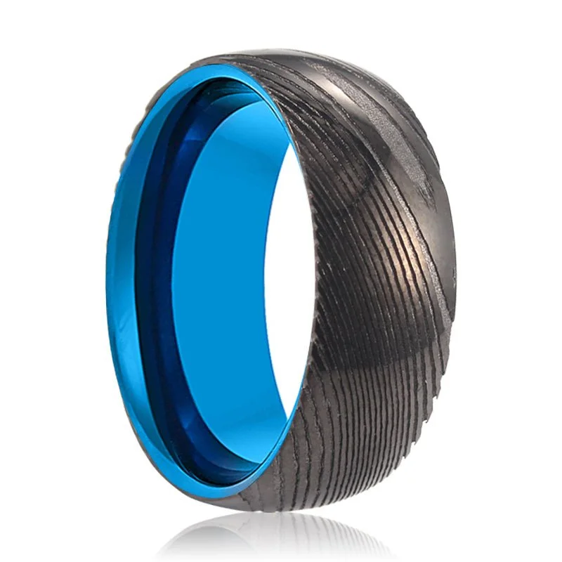 gold rings for women-LIVIA | Blue Tungsten Ring, Gunmetal Damascus Steel Ring, Domed