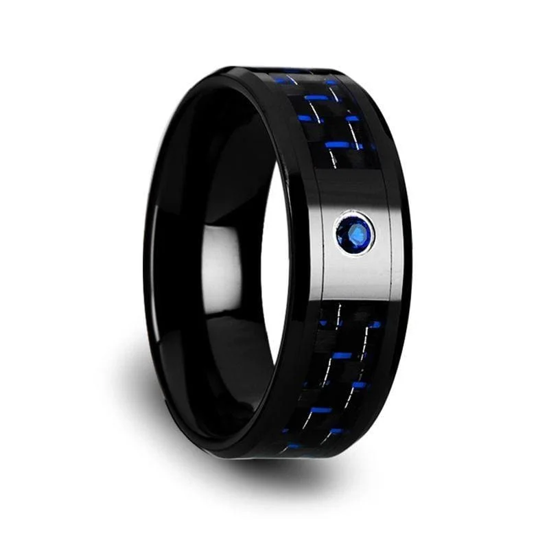 classic solitaire rings for women-Men's Ceramic Ring With Black & Blue Carbon Fiber And Blue Sapphire Setting - 8mm