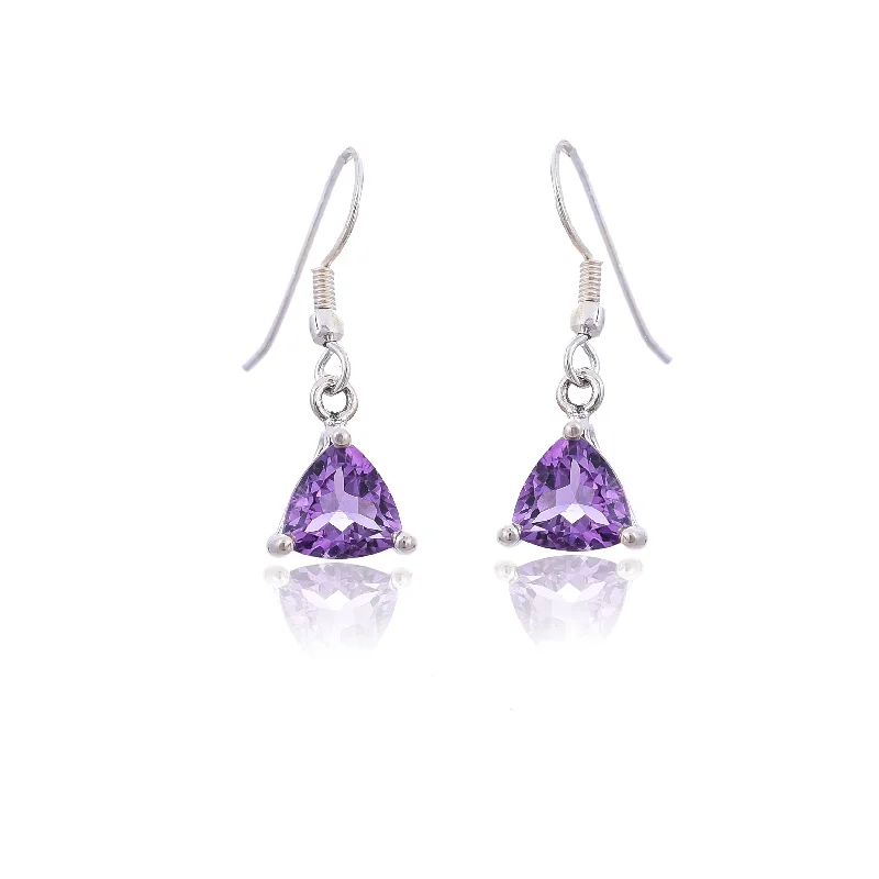 modern hoop earrings for women-Silver Mountain Trillion shape Amethyst silver hook earring