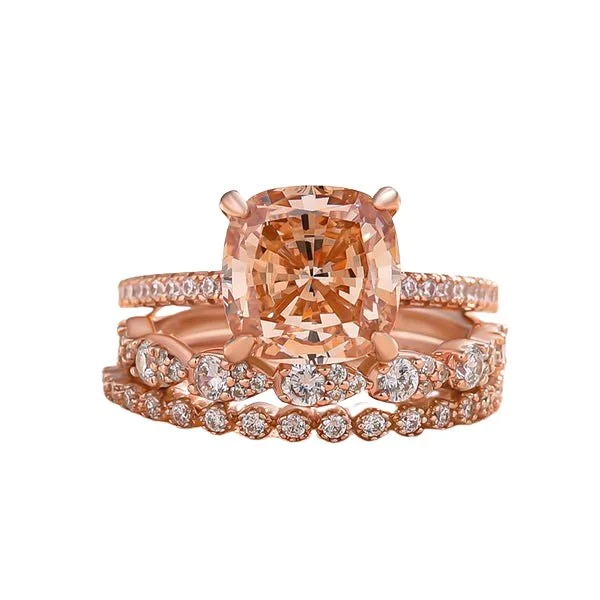 vintage-inspired sapphire engagement rings-Rose Gold 5ct Cushion Cut Champagne Stone 3PC Ring Set