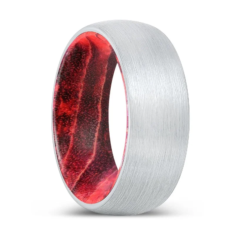 romantic promise rings for women-BRUTE | Black & Red Wood, White Tungsten Ring, Brushed, Domed