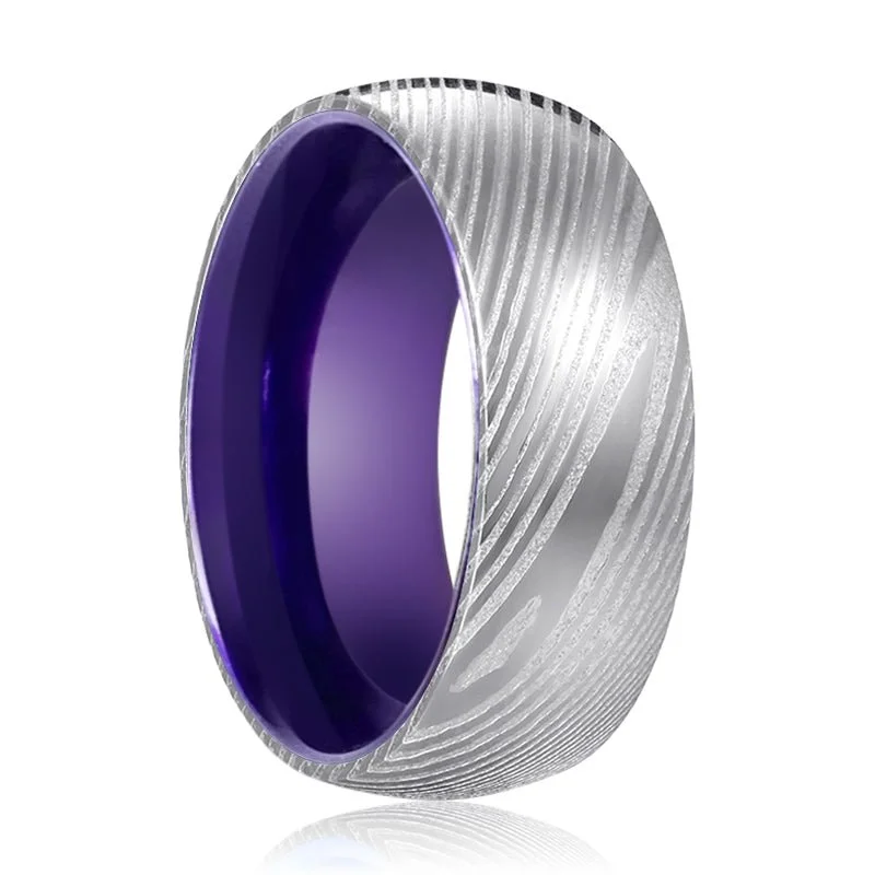 diamond wedding bands for women-VERBENA | Purple Ring, Silver Damascus Steel, Domed