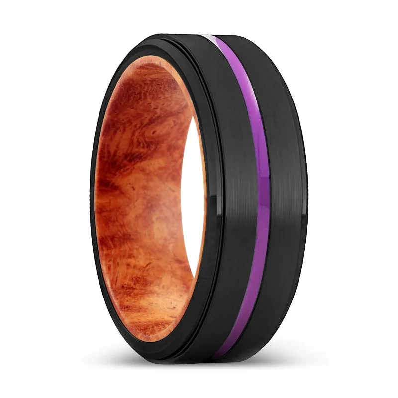 silver gemstone rings for women-BURNIE | Red Burl Wood, Black Tungsten Ring, Purple Groove, Stepped Edge