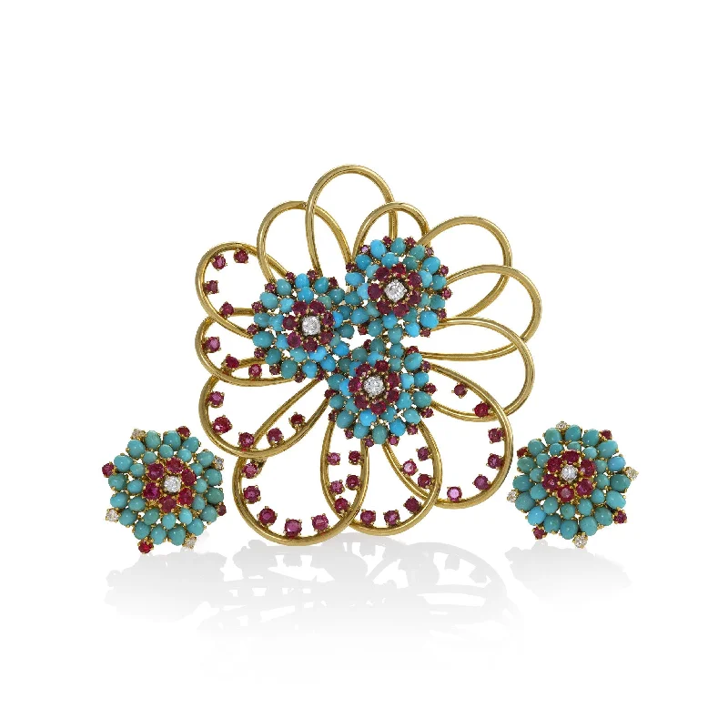 crystal drop earrings for women-John Rubel Pavé Turquoise and Ruby Brooch and Earrings Suite